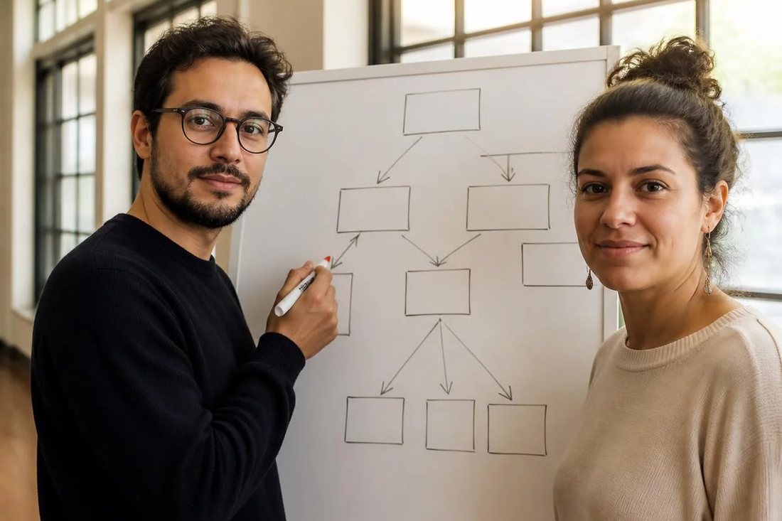 Duas pessoas diante de um quadro branco com a armação de um argumento rabiscada