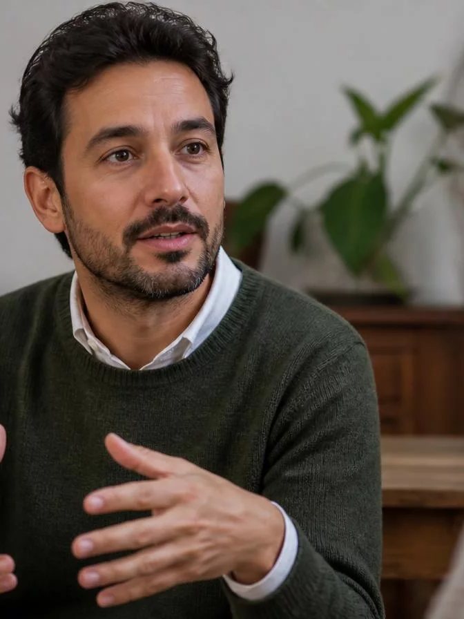 Participante com o braço levantado pedindo a vez numa mesa coberta de rascunhos