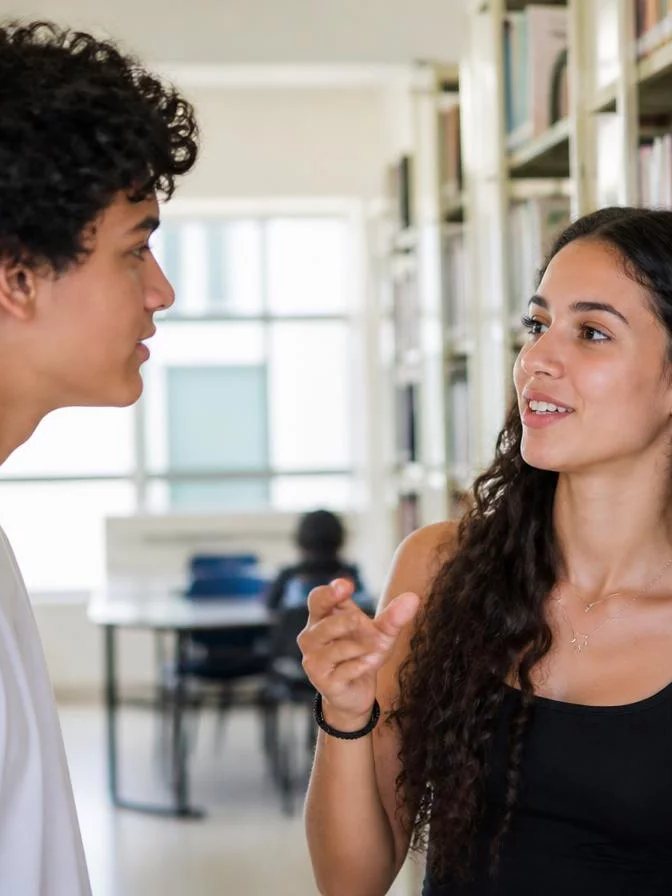 Duas participantes conversando de pé no corredor entre prateleiras de livros